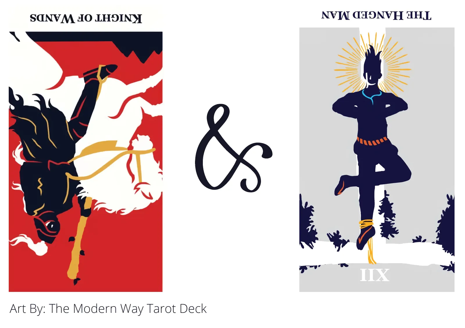 knight of wands reversed and the hanged man reversed tarot cards together