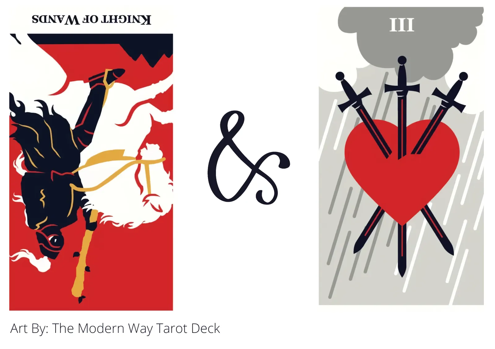 knight of wands reversed and three of swords tarot cards together