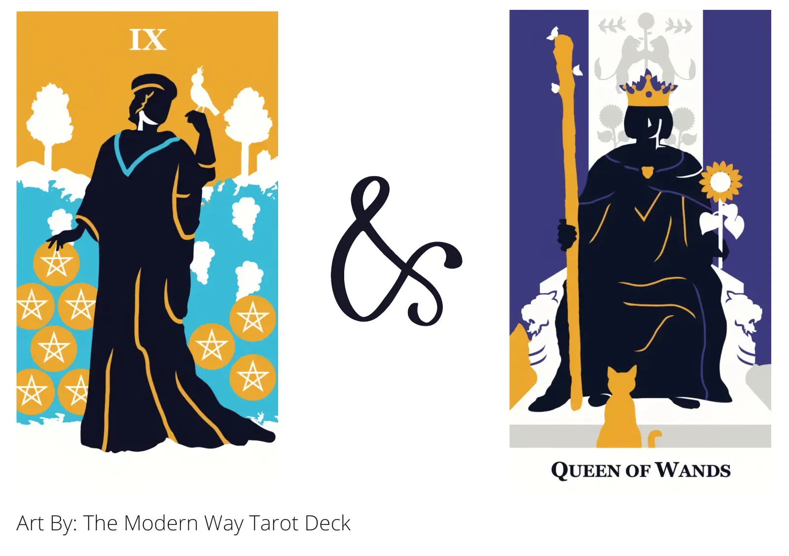 nine of pentacles and queen of wands tarot cards together