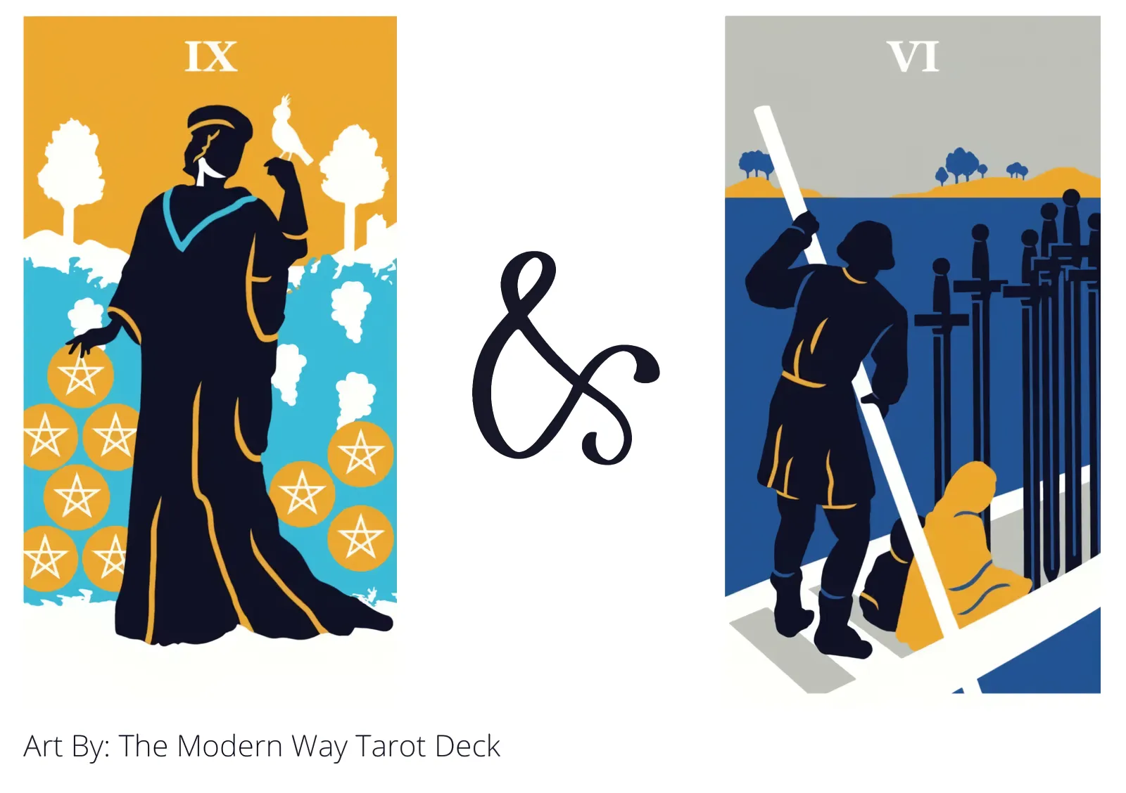 nine of pentacles and six of swords tarot cards together