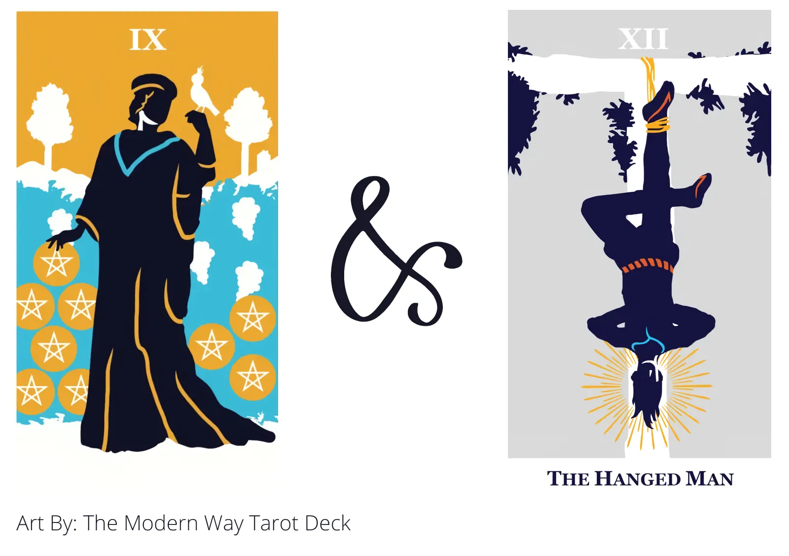 nine of pentacles and the hanged man tarot cards together