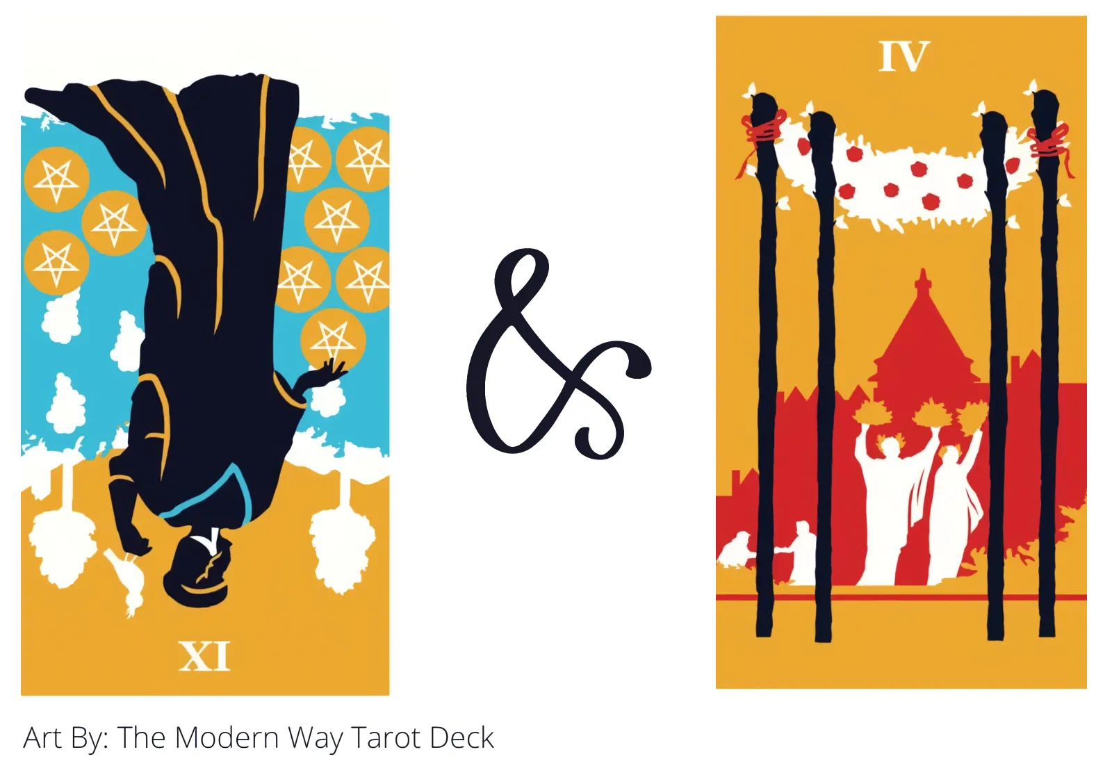 nine of pentacles reversed and four of wands tarot cards together