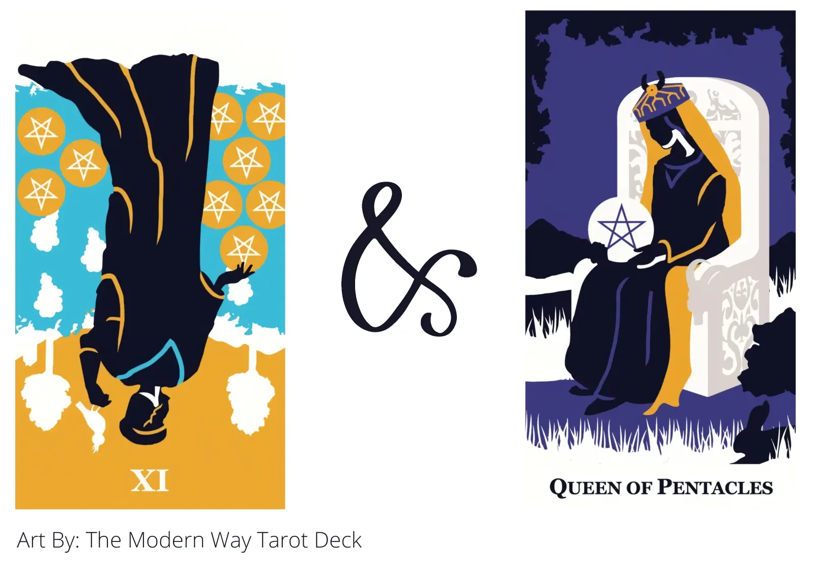 nine of pentacles reversed and queen of pentacles tarot cards together