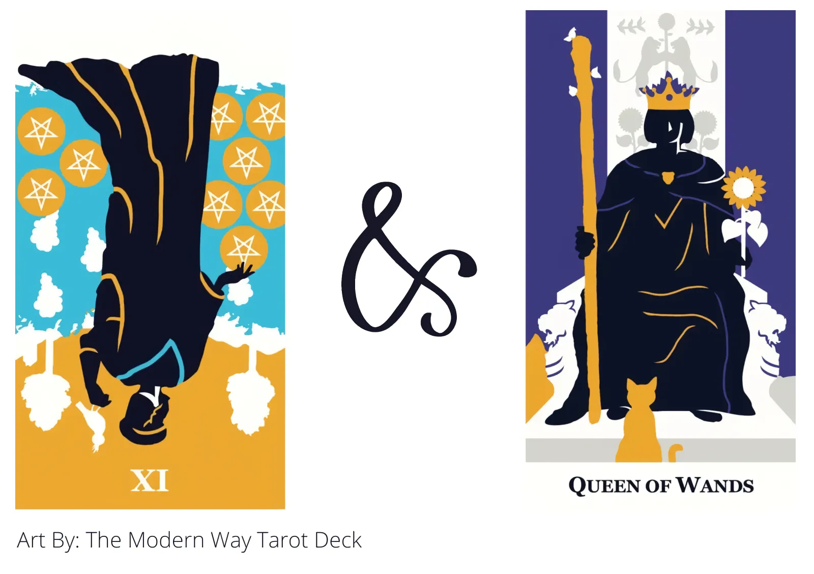 nine of pentacles reversed and queen of wands tarot cards together