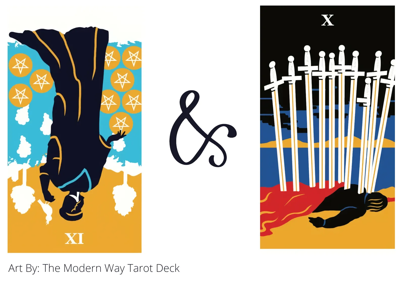 nine of pentacles reversed and ten of swords tarot cards together