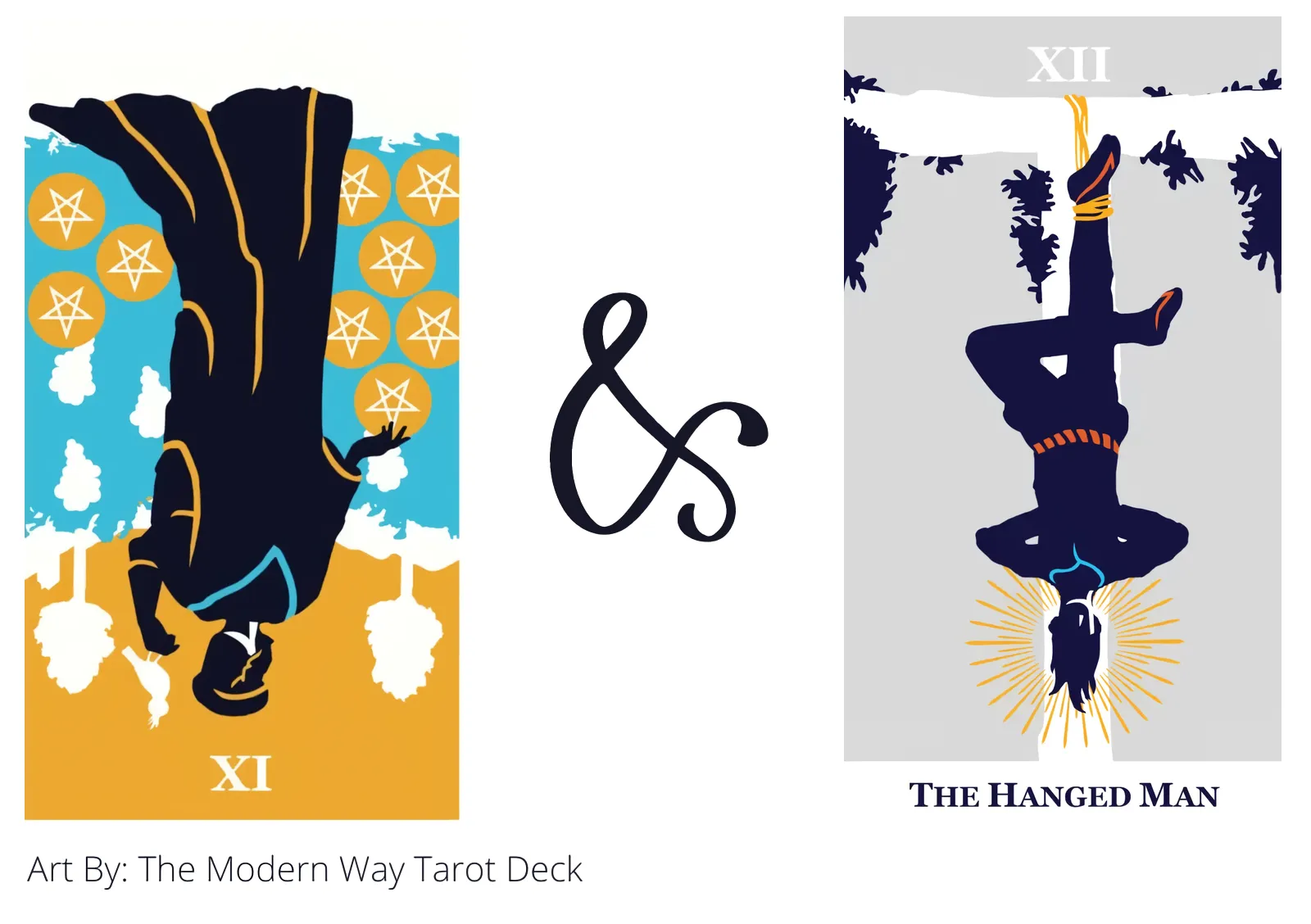 nine of pentacles reversed and the hanged man tarot cards together