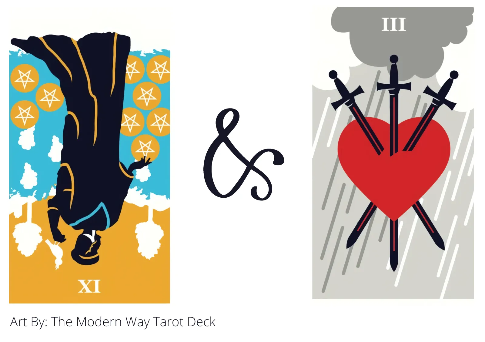 nine of pentacles reversed and three of swords tarot cards together