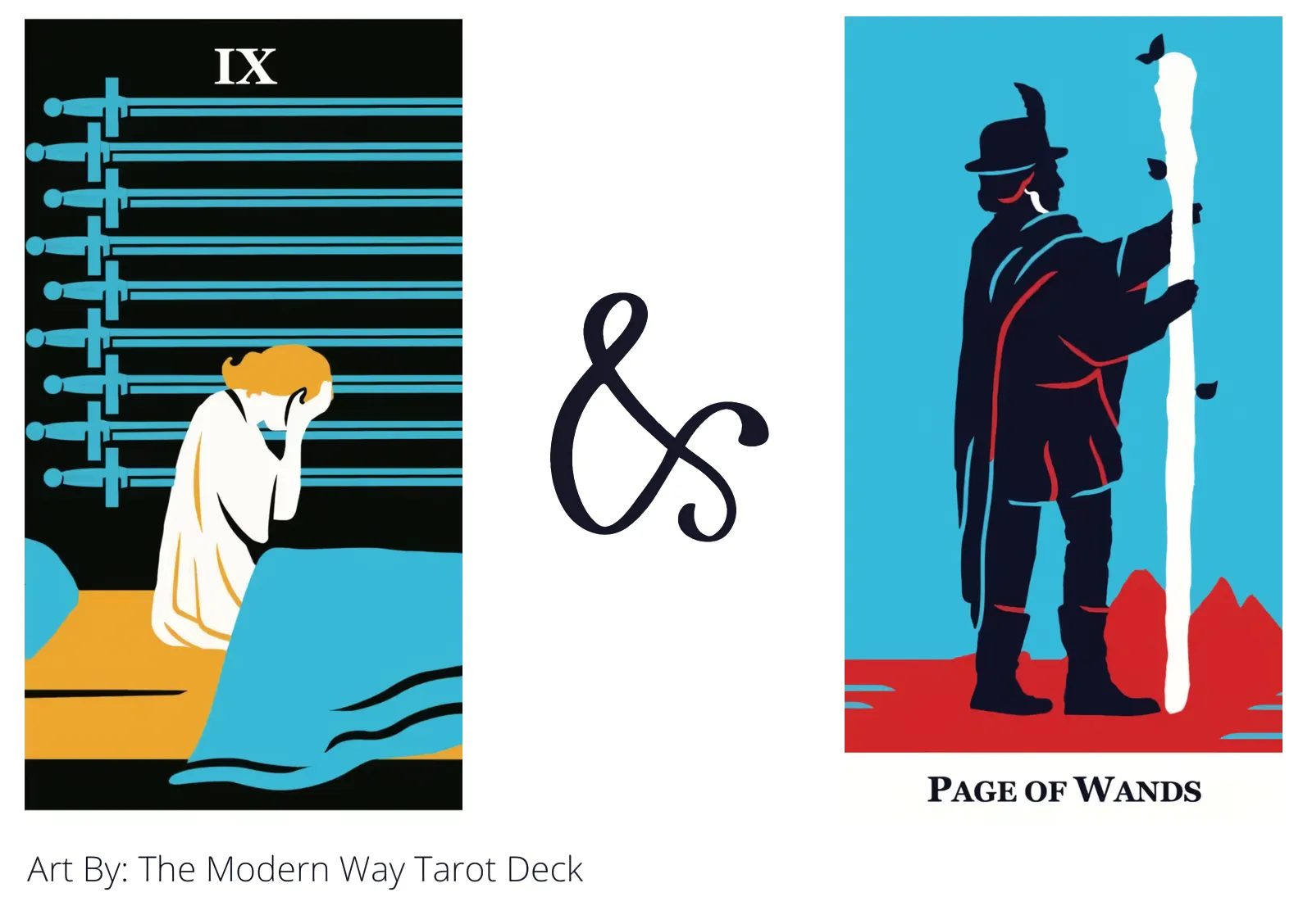 nine of swords and page of wands tarot cards together