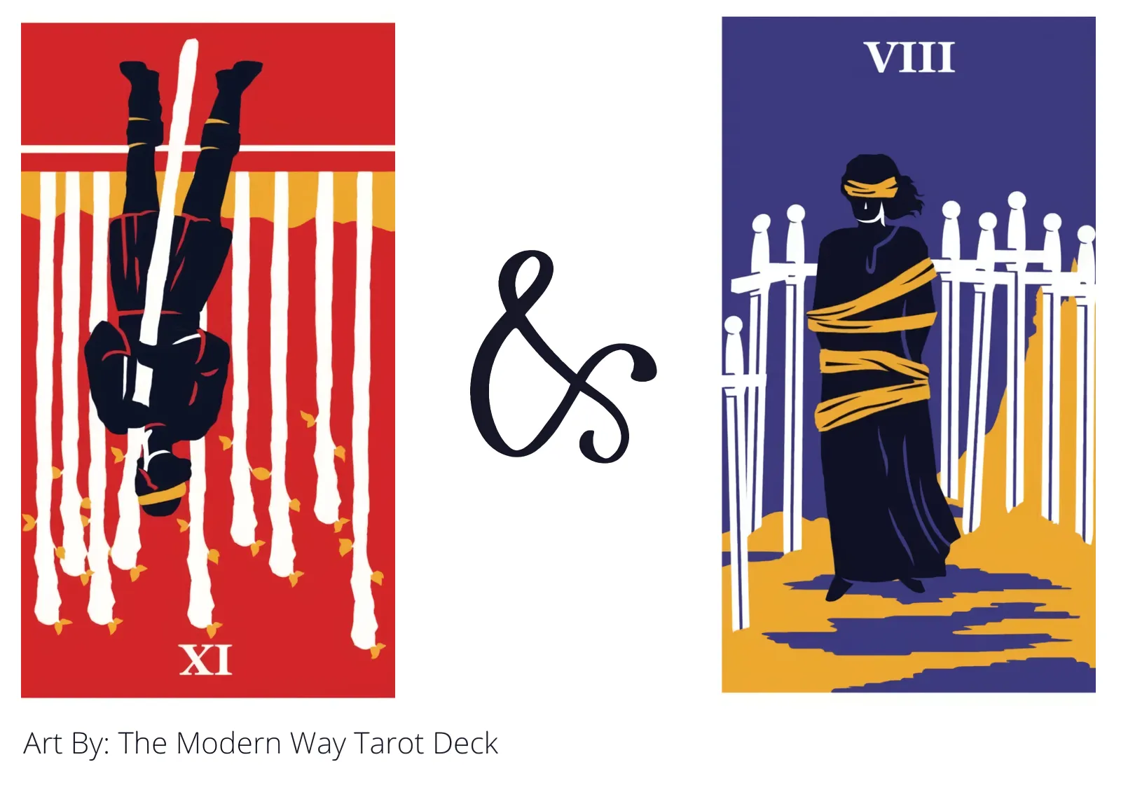 nine of wands reversed and eight of swords tarot cards together