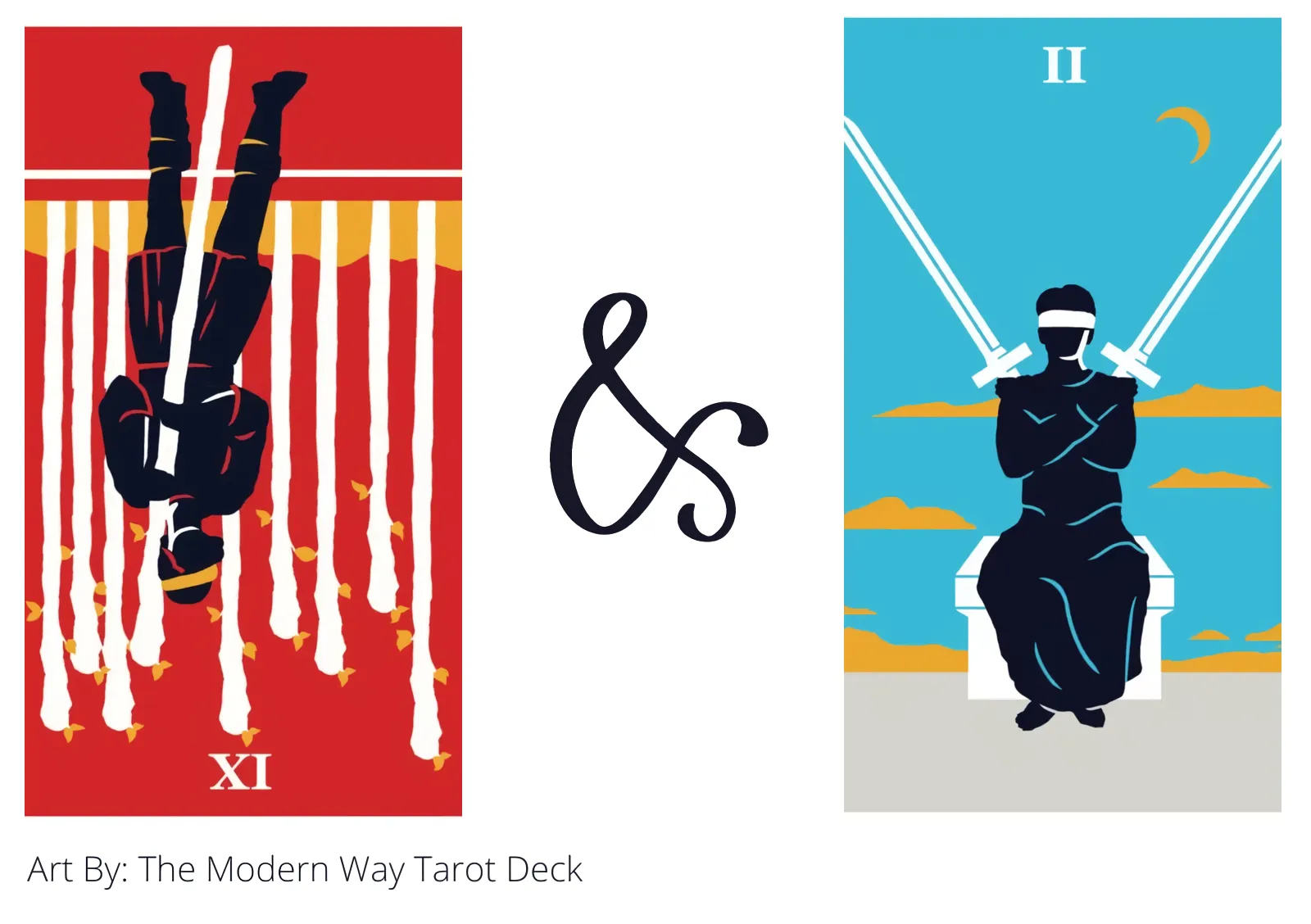 nine of wands reversed and two of swords tarot cards together