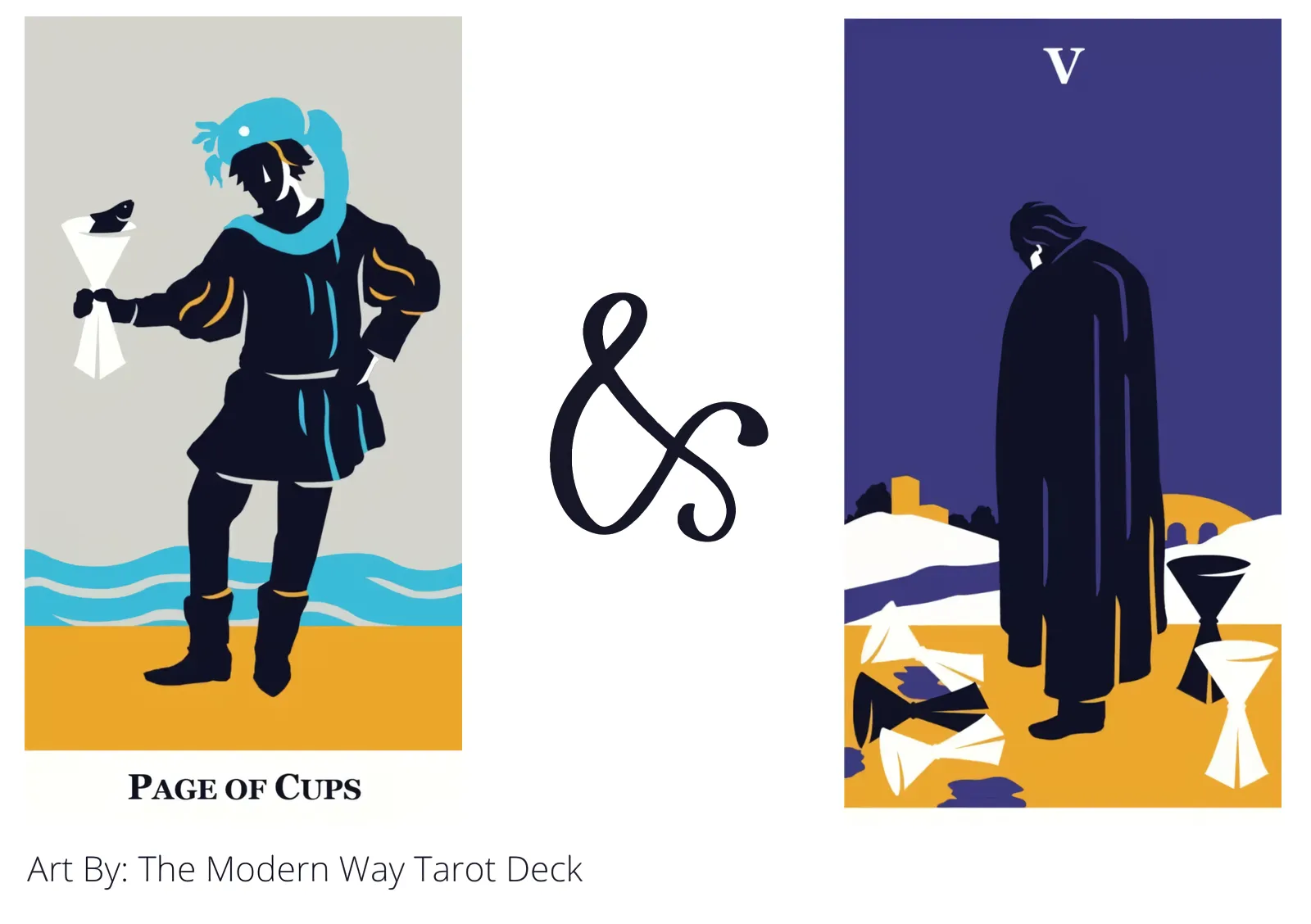 page of cups and five of cups tarot cards together