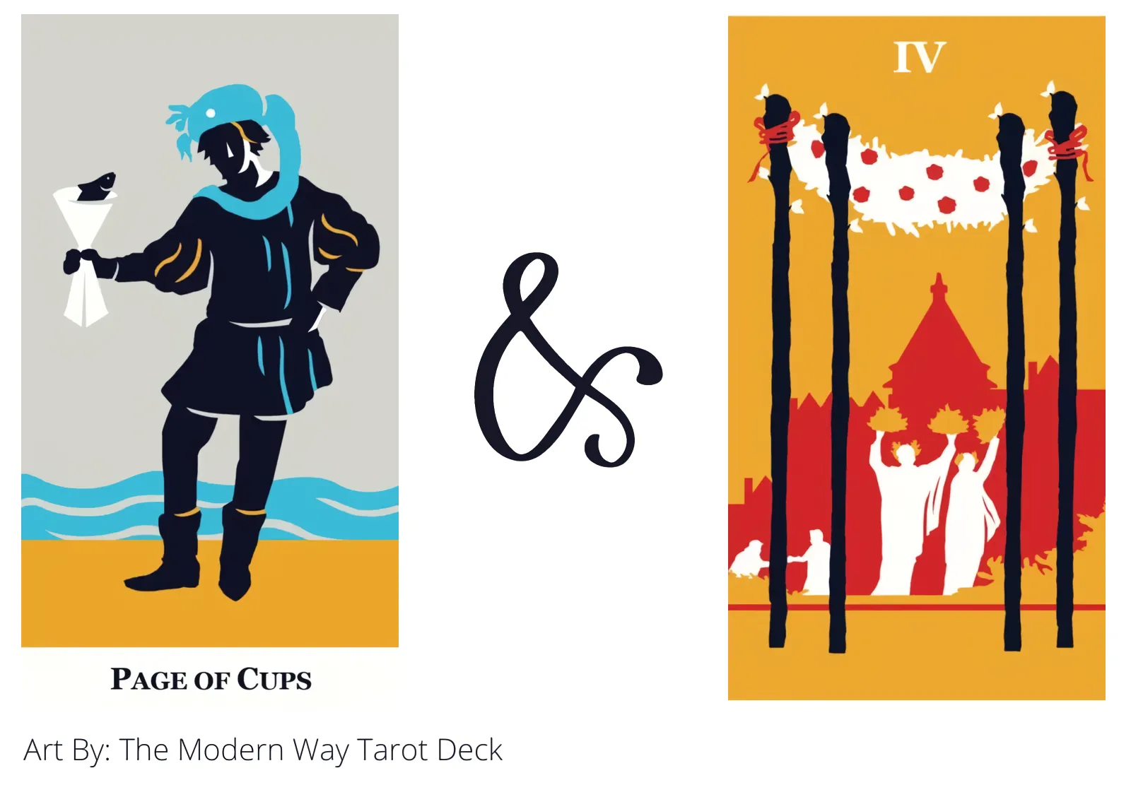 page of cups and four of wands tarot cards together