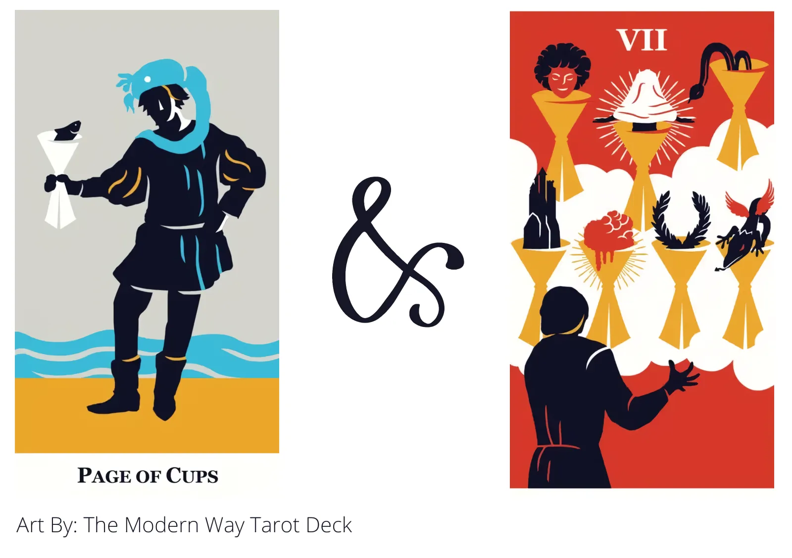 page of cups and seven of cups tarot cards together