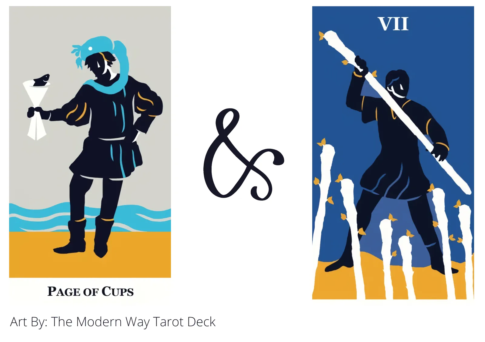 page of cups and seven of wands tarot cards together