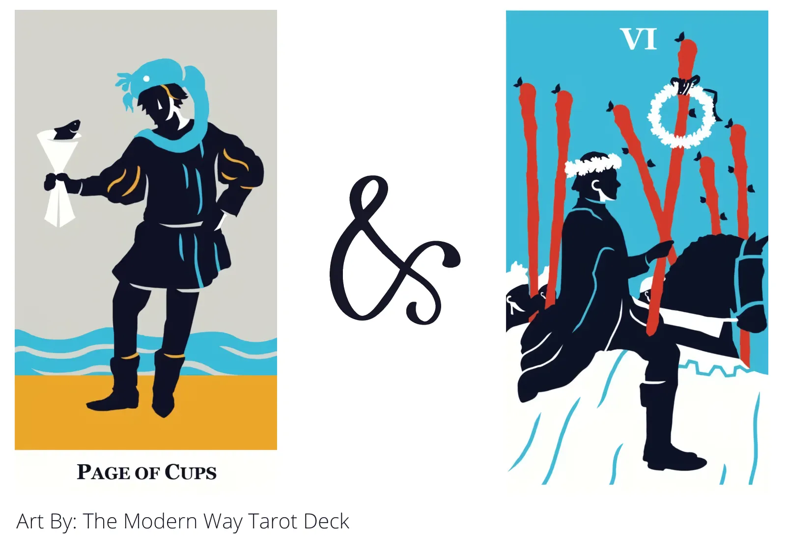 page of cups and six of wands tarot cards together