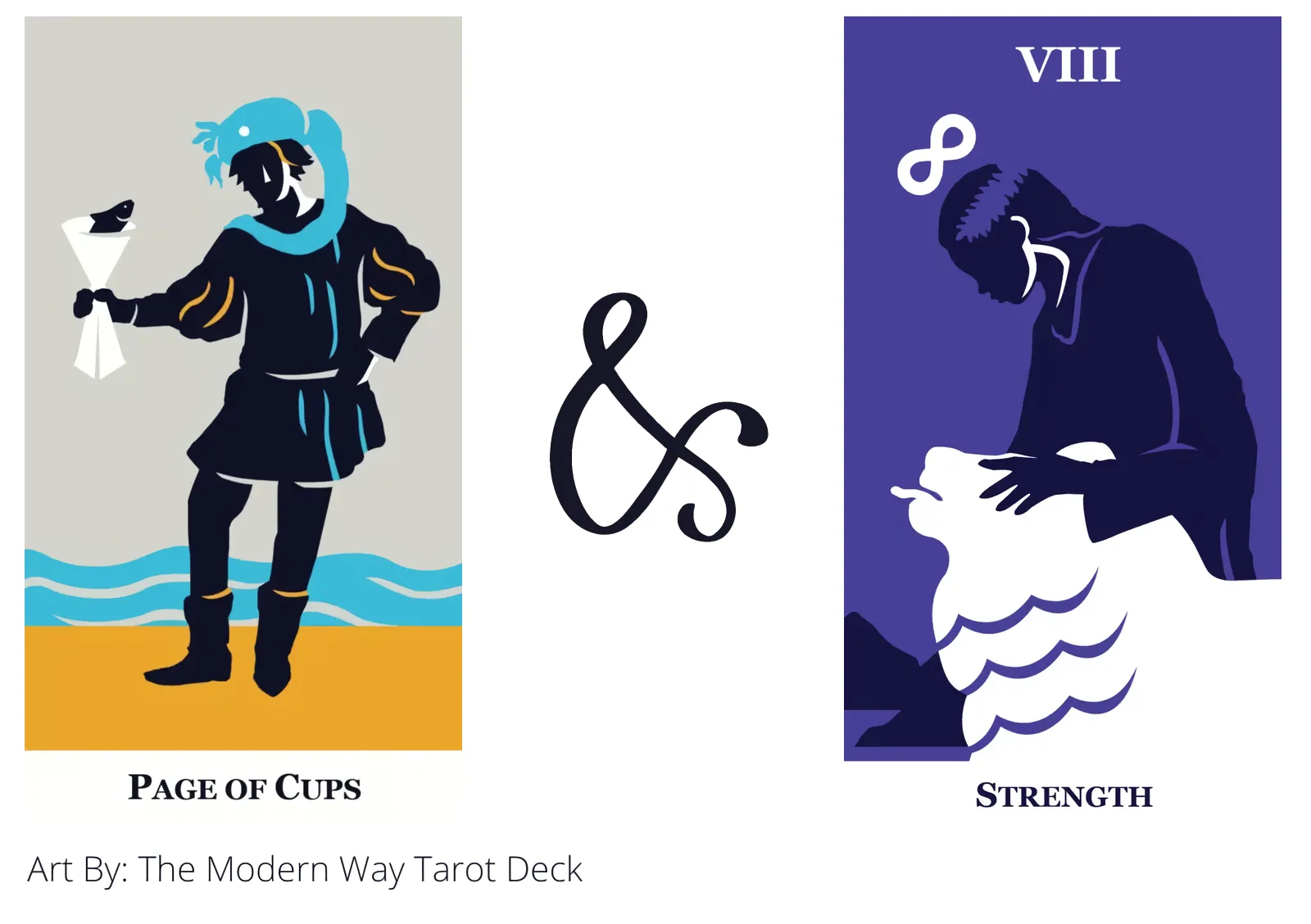 page of cups and strength tarot cards together