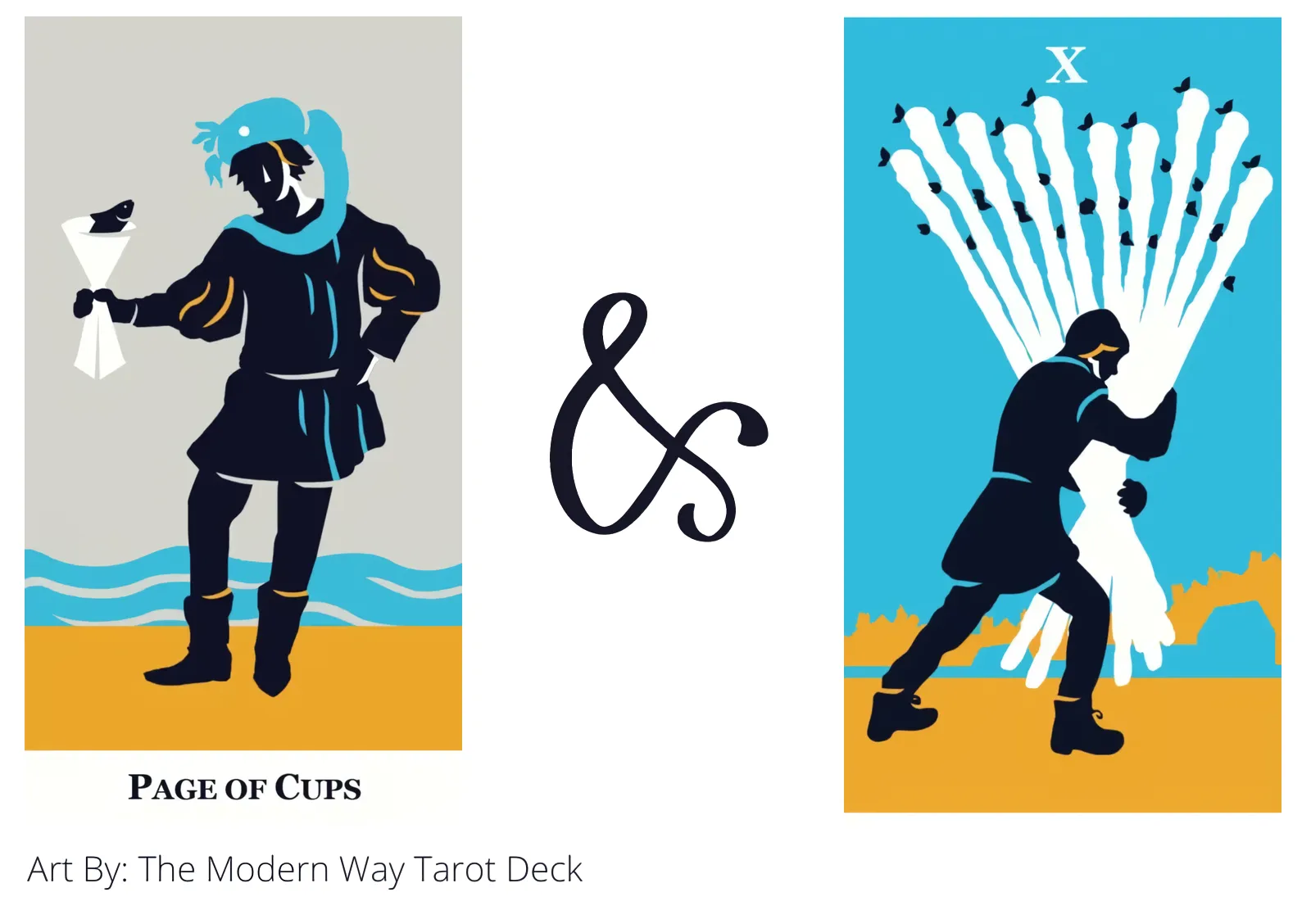 page of cups and ten of wands tarot cards together