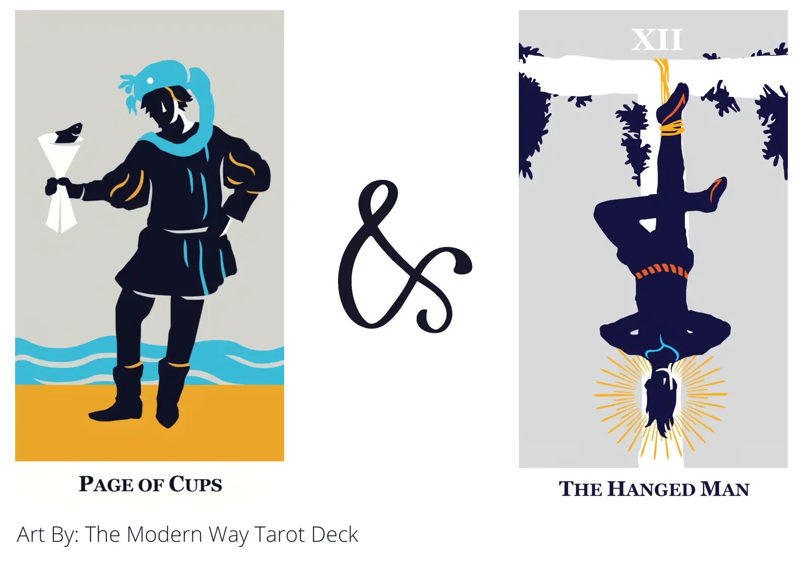page of cups and the hanged man tarot cards together