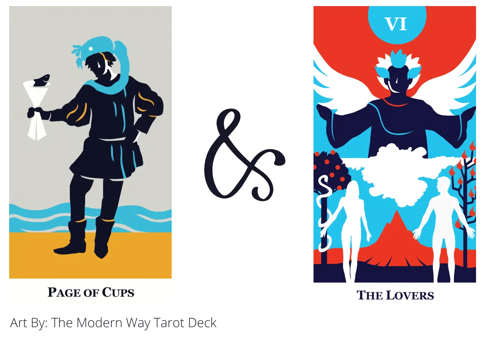 page of cups and the lovers tarot cards together