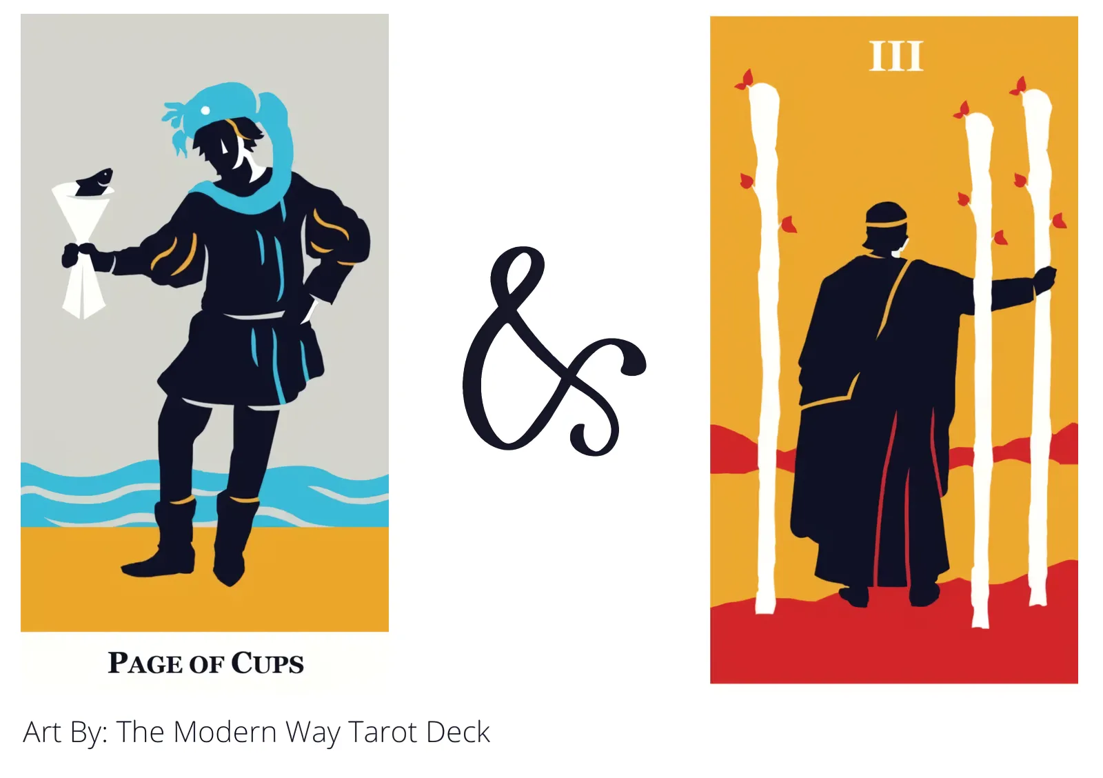 page of cups and three of wands tarot cards together