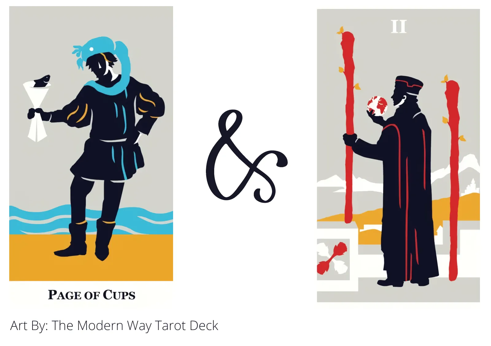page of cups and two of wands tarot cards together