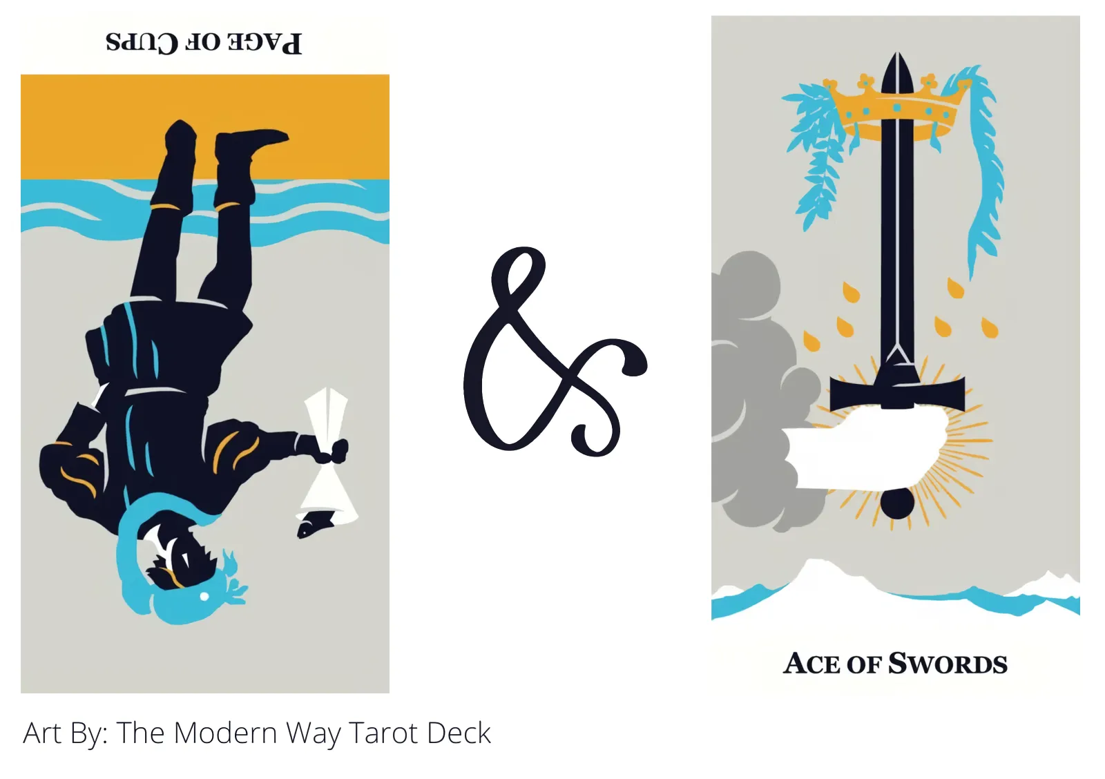 page of cups reversed and ace of swords tarot cards together