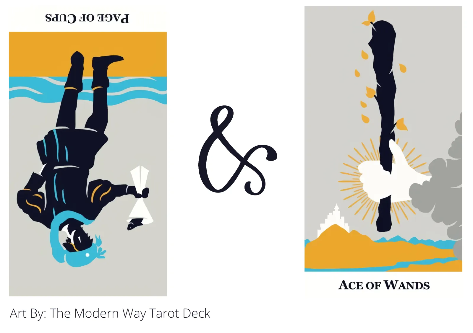 page of cups reversed and ace of wands tarot cards together