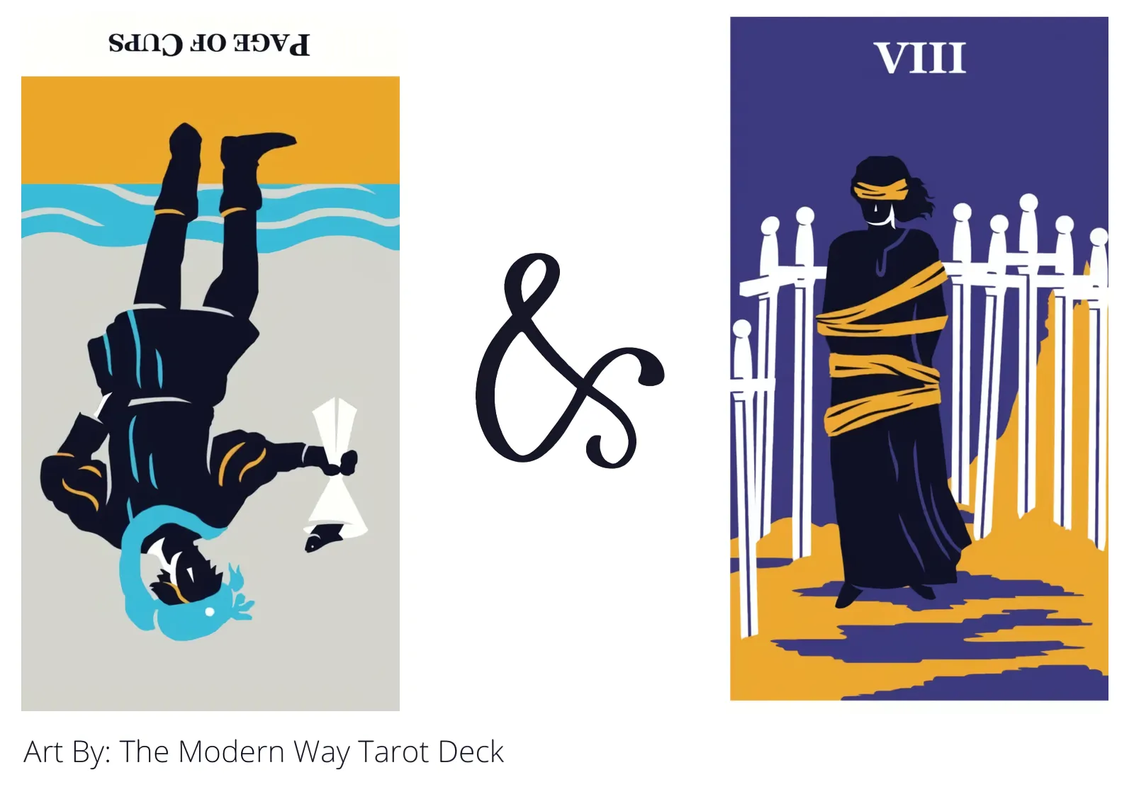 page of cups reversed and eight of swords tarot cards together