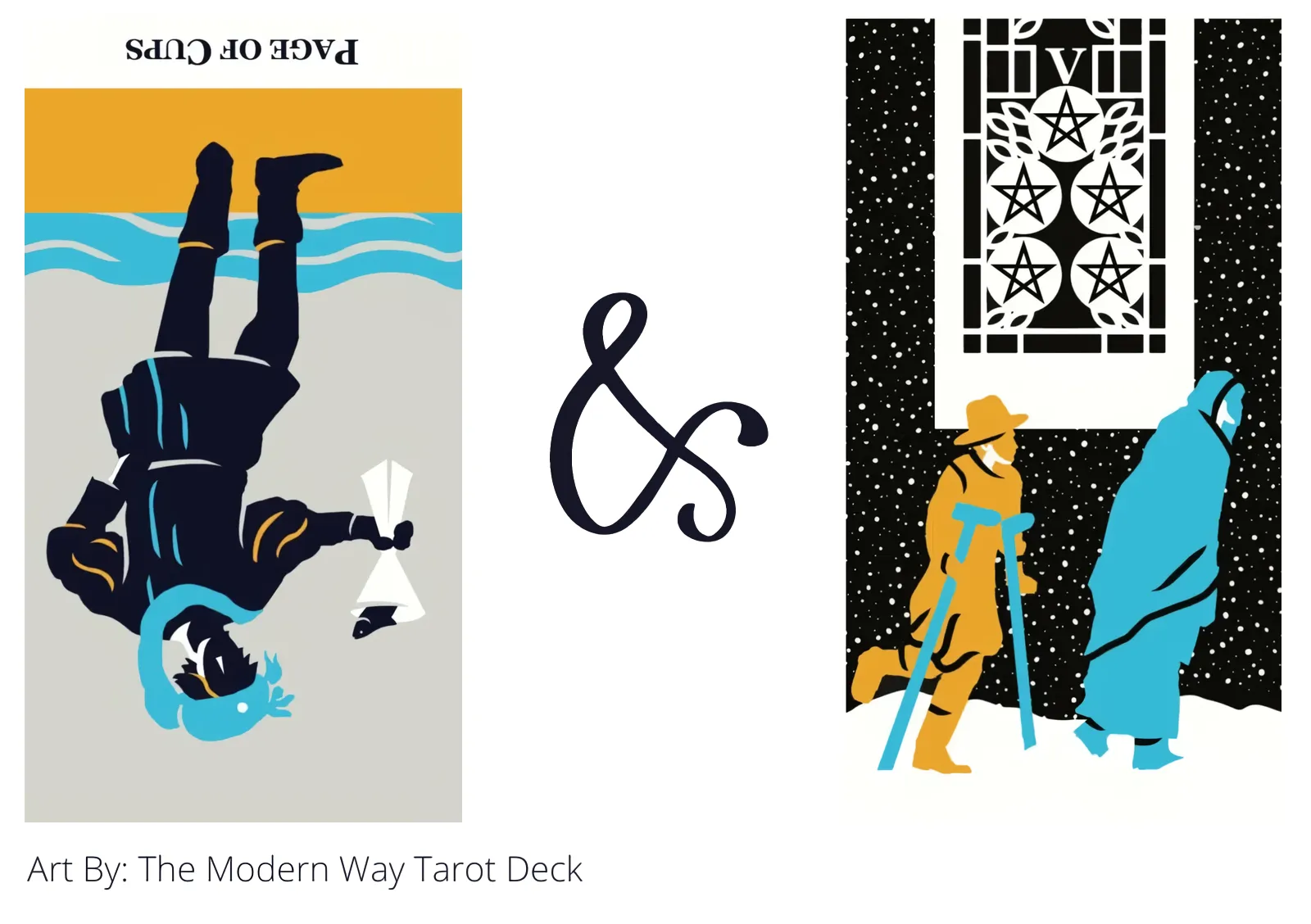 page of cups reversed and five of pentacles tarot cards together