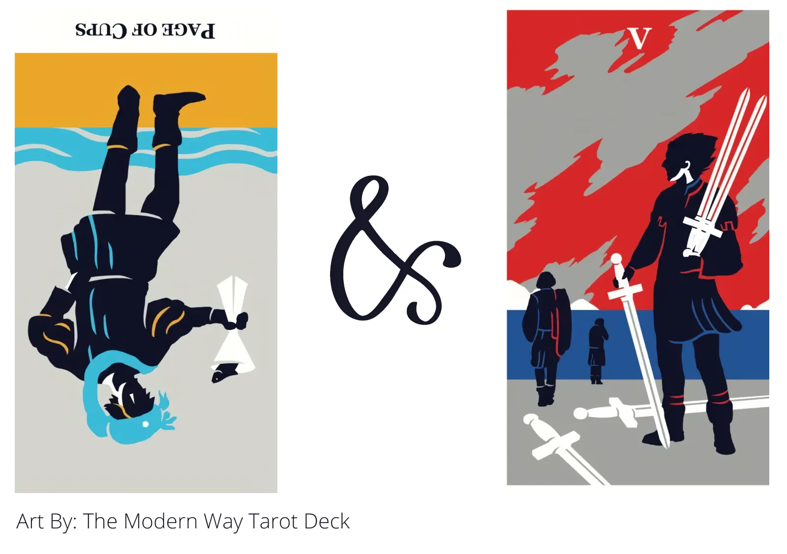 page of cups reversed and five of swords tarot cards together