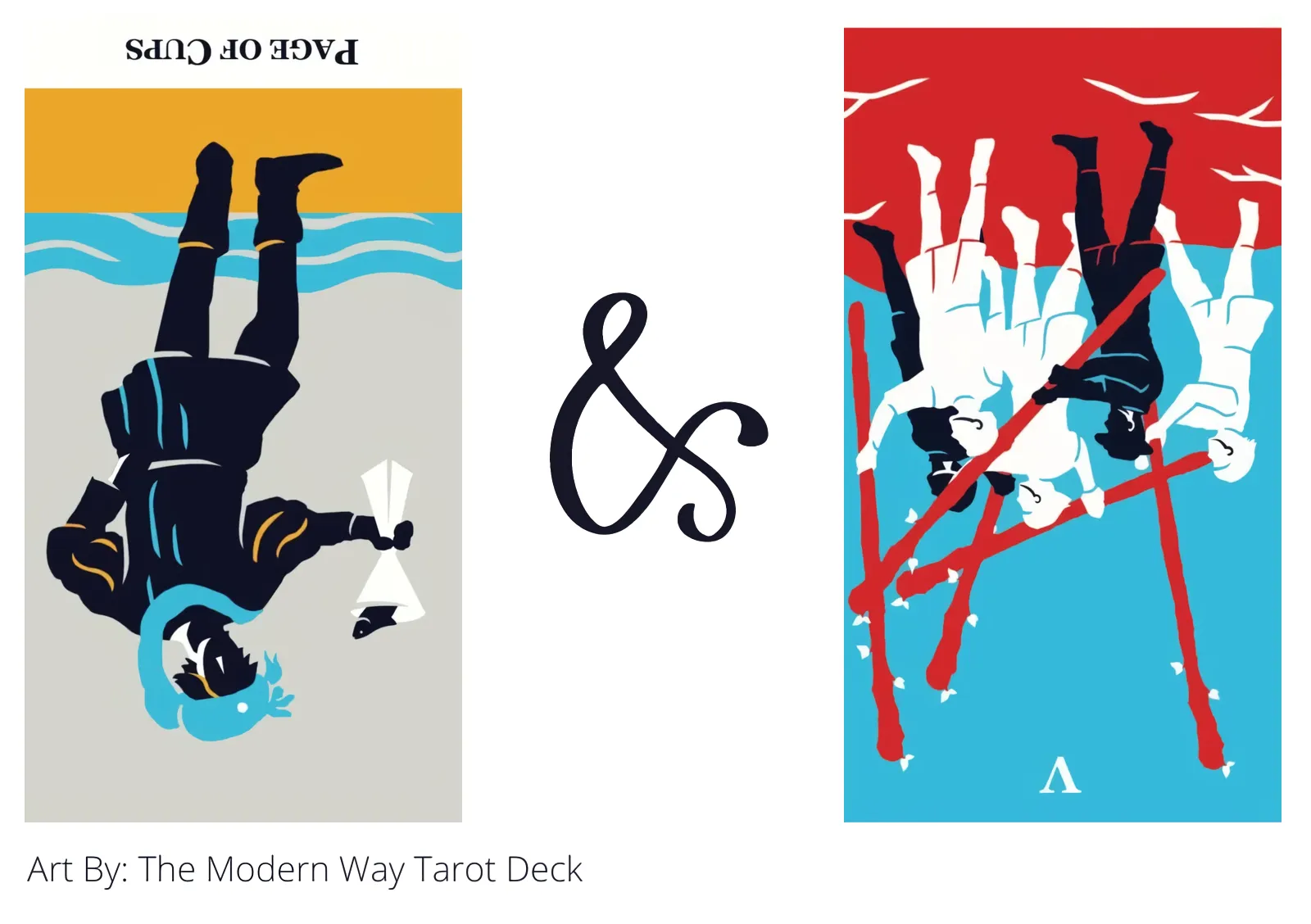 page of cups reversed and five of wands reversed tarot cards together