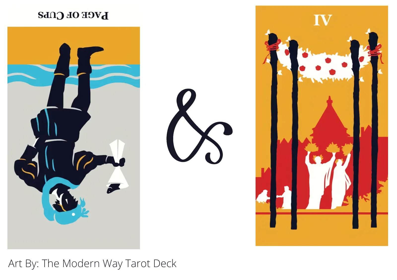 page of cups reversed and four of wands tarot cards together