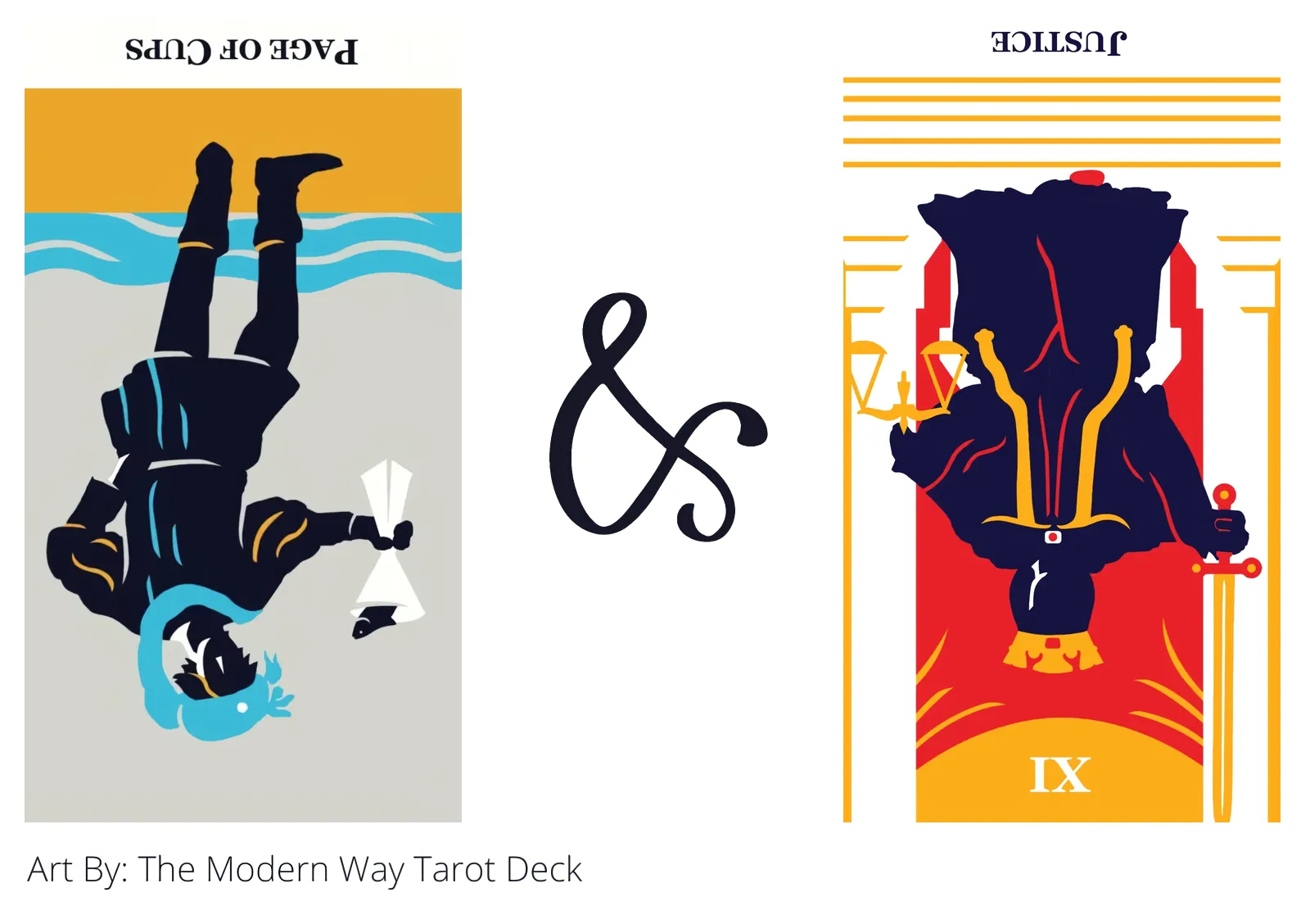 page of cups reversed and justice reversed tarot cards together