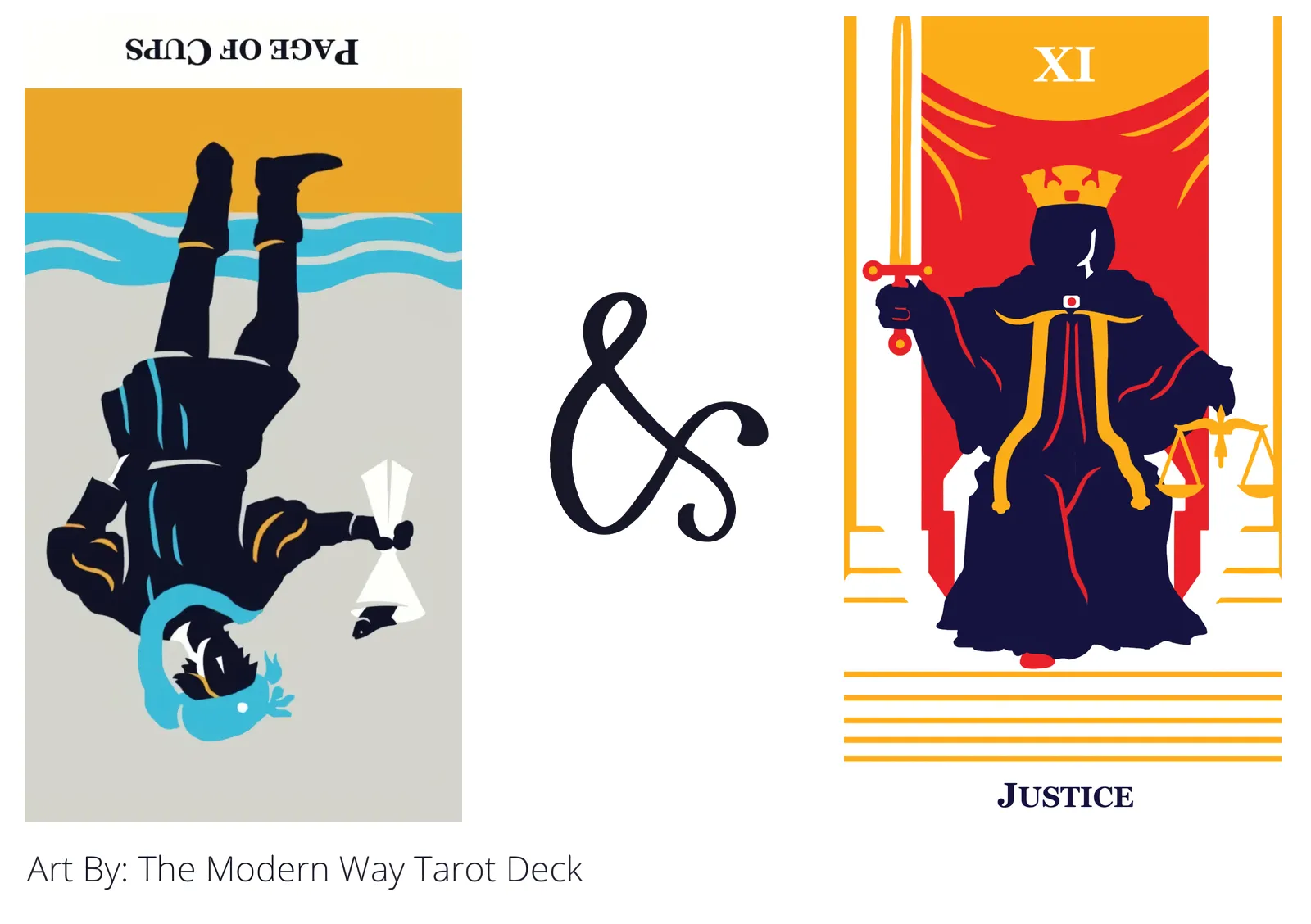 page of cups reversed and justice tarot cards together