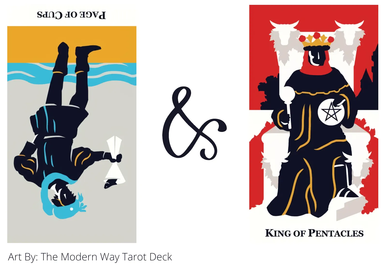 page of cups reversed and king of pentacles tarot cards together