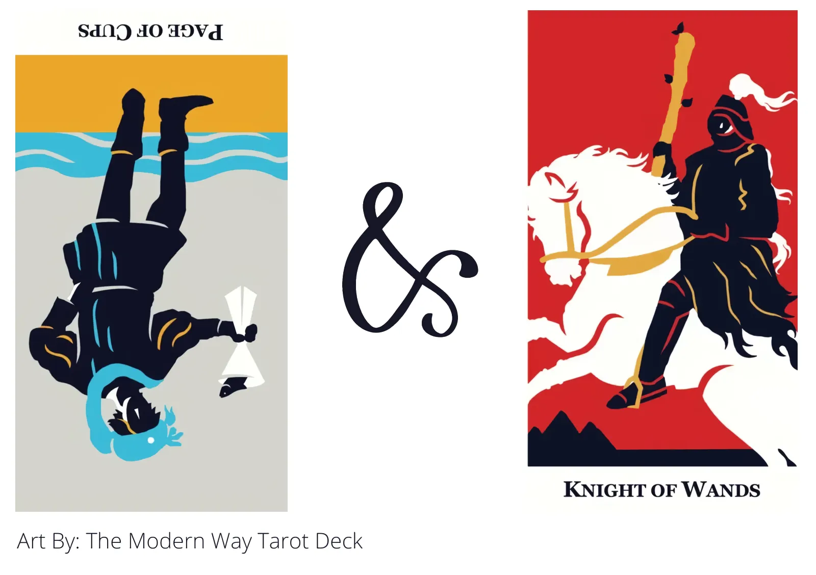 page of cups reversed and knight of wands tarot cards together