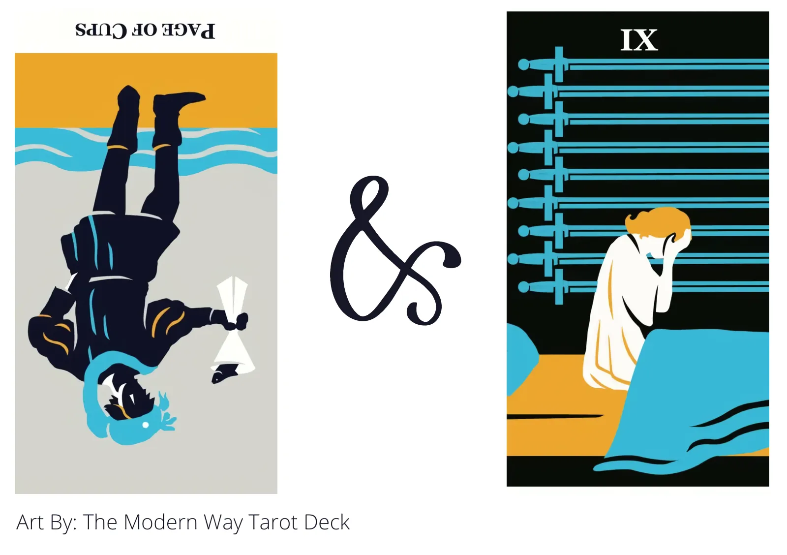 page of cups reversed and nine of swords tarot cards together