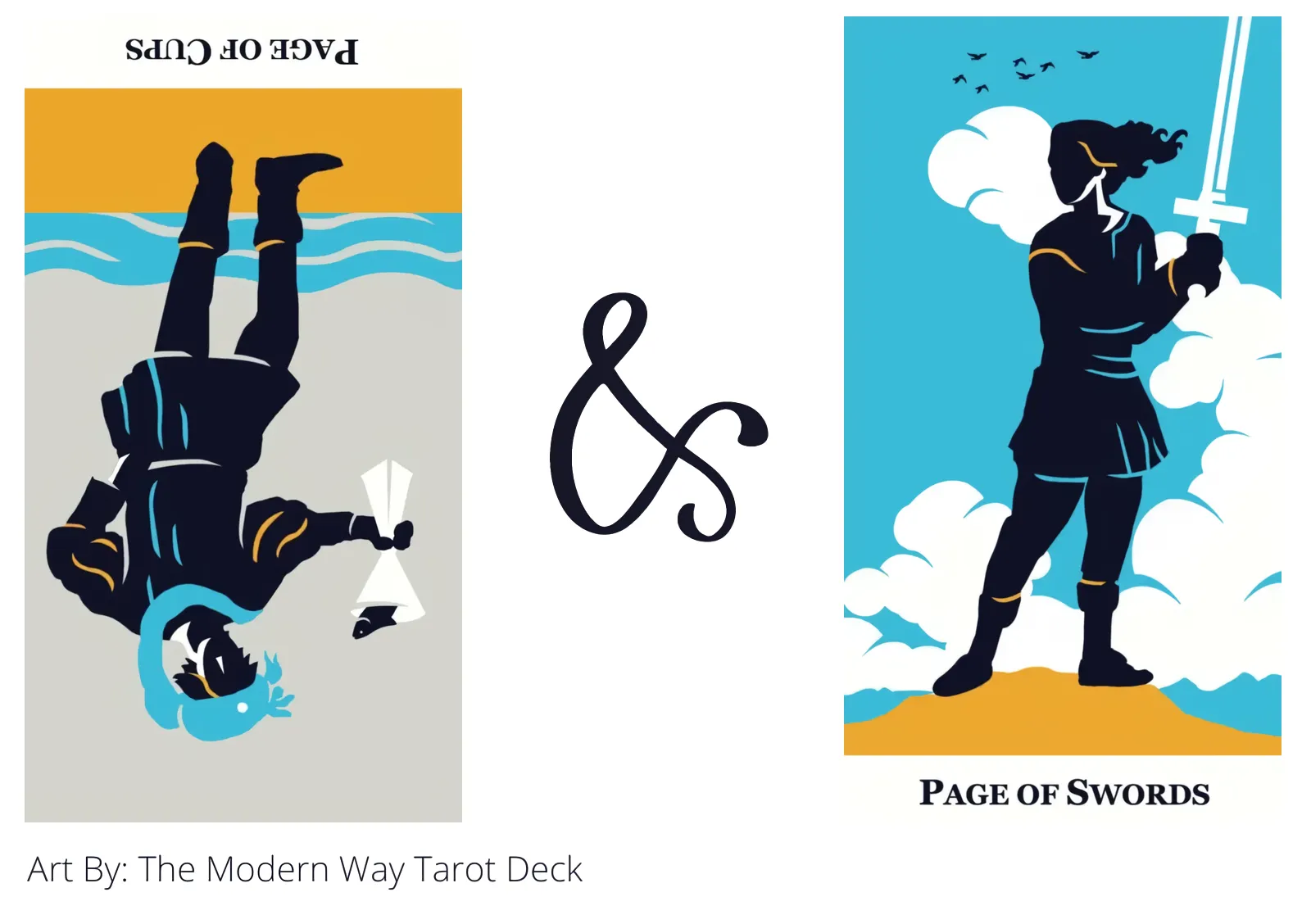 page of cups reversed and page of swords tarot cards together