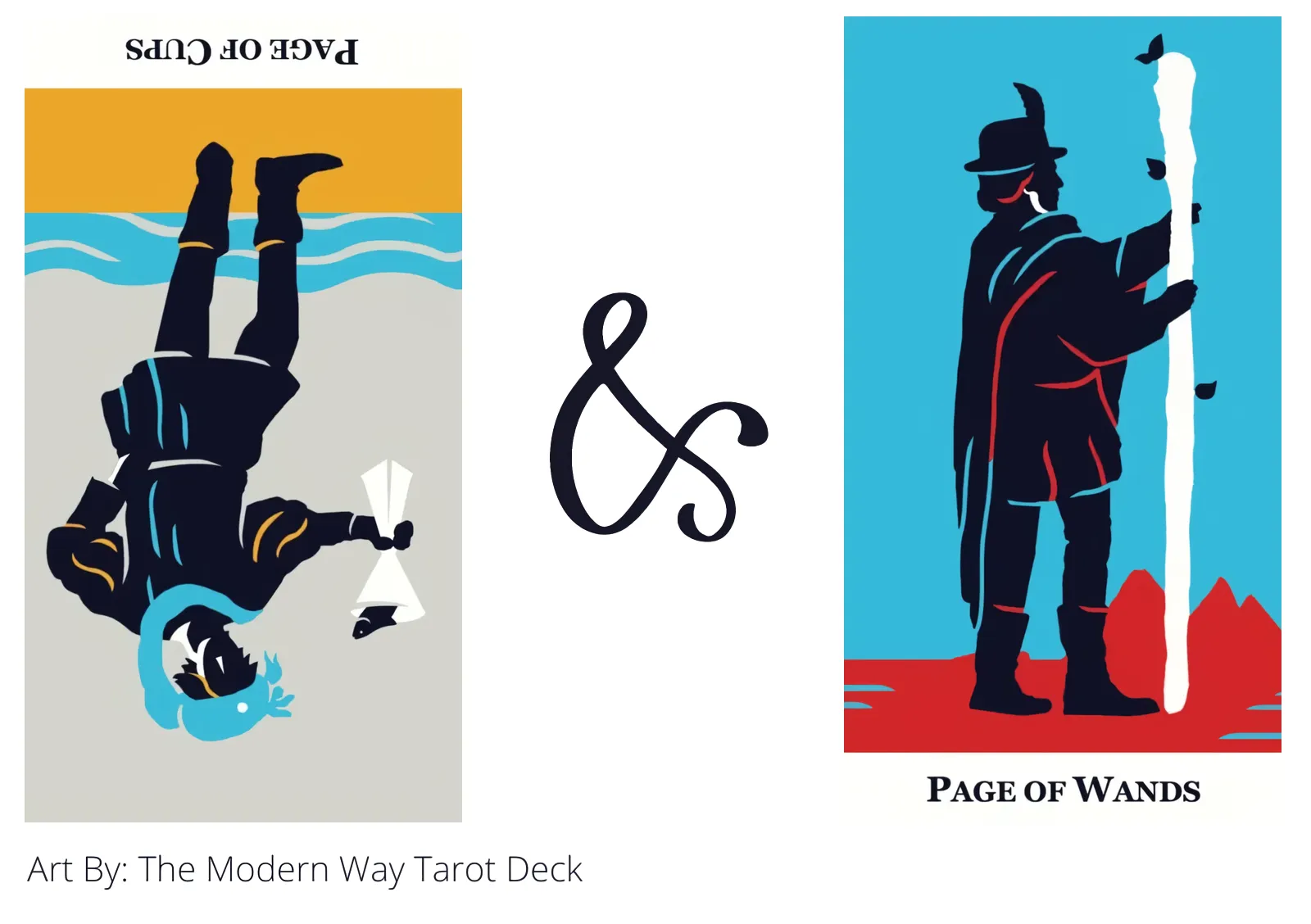 page of cups reversed and page of wands tarot cards together