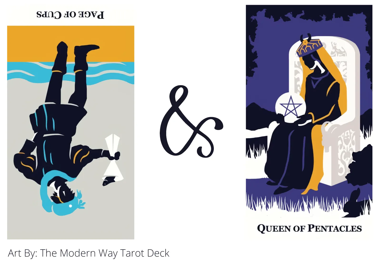page of cups reversed and queen of pentacles tarot cards together