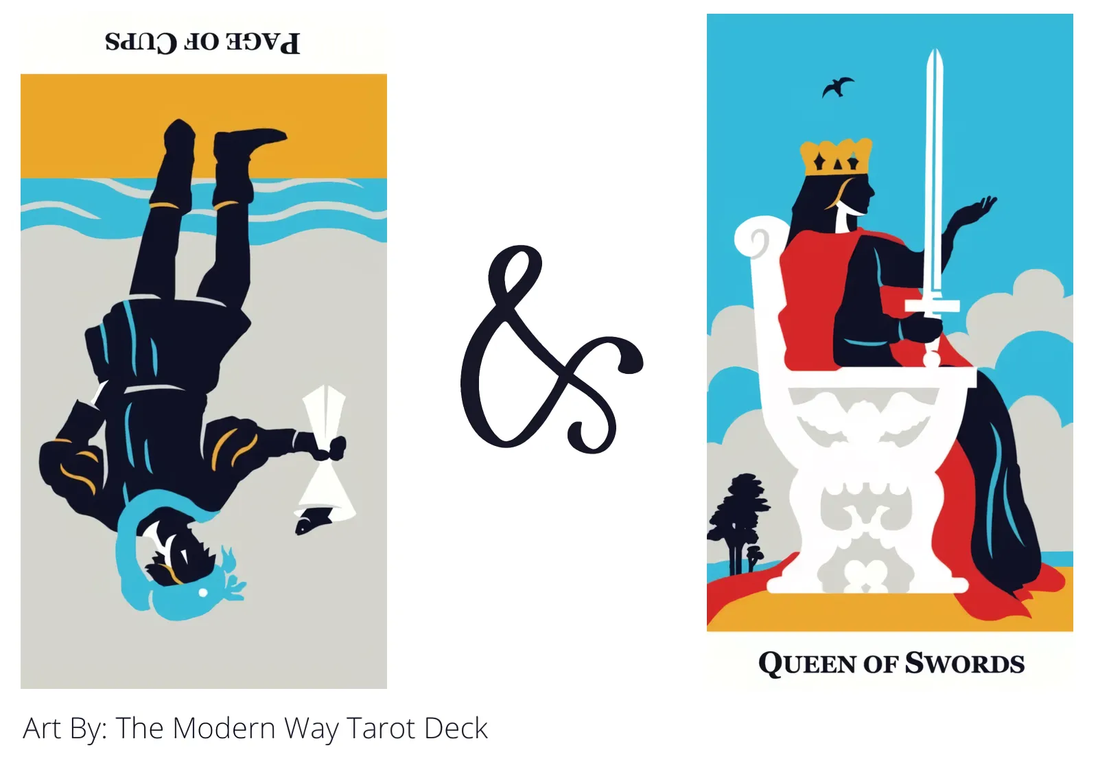 page of cups reversed and queen of swords tarot cards together