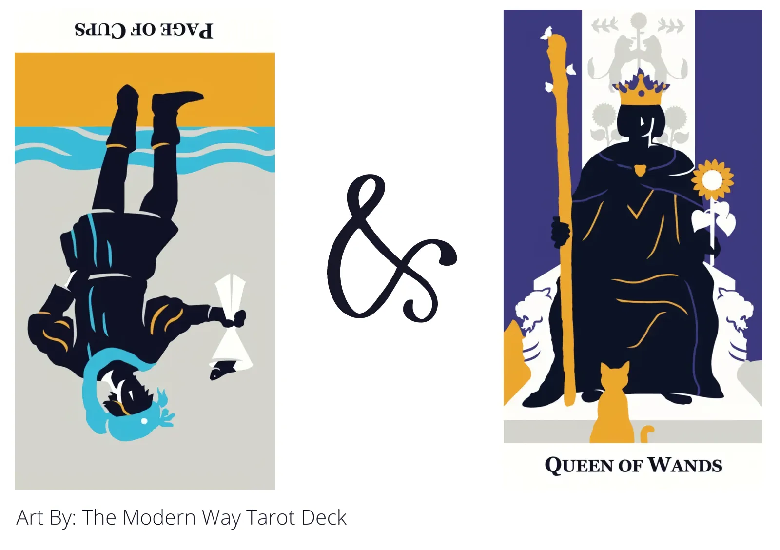 page of cups reversed and queen of wands tarot cards together