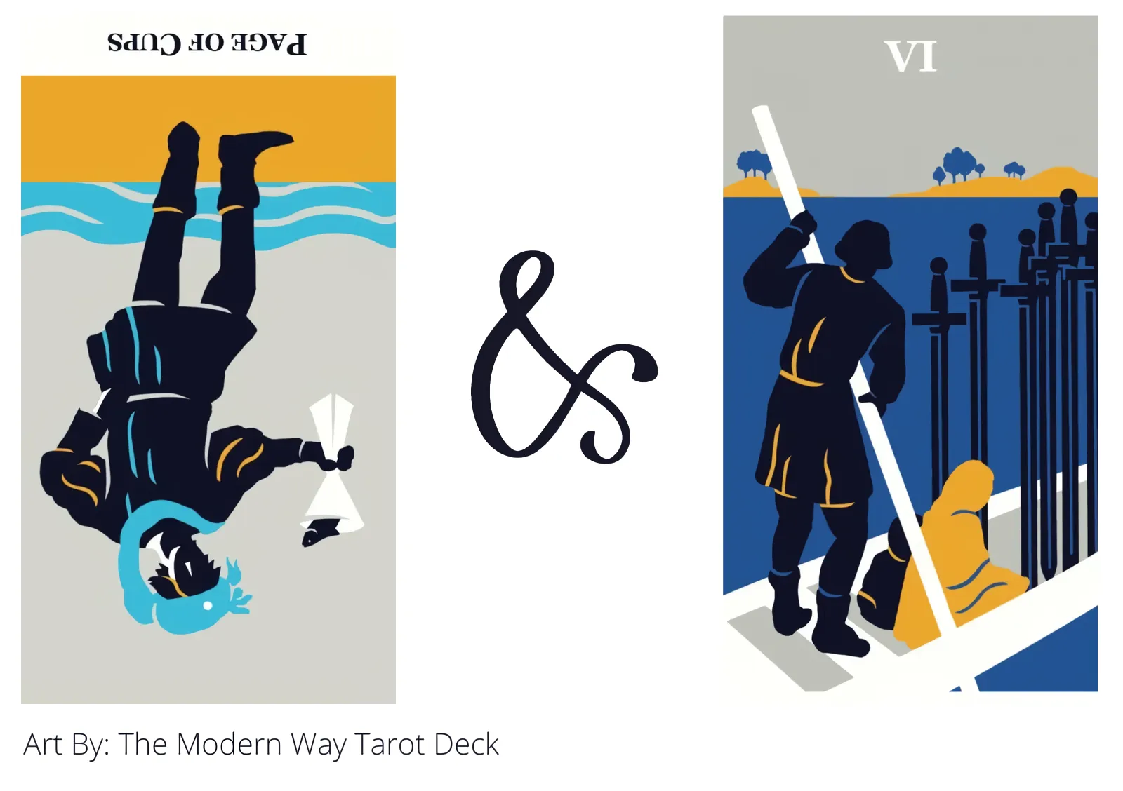 page of cups reversed and six of swords tarot cards together
