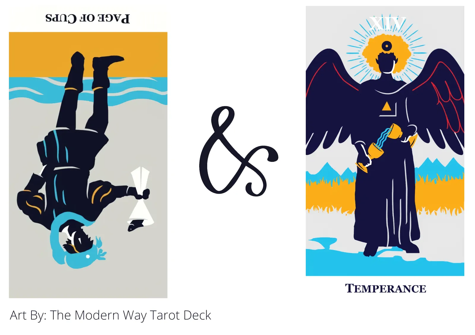page of cups reversed and temperance tarot cards together