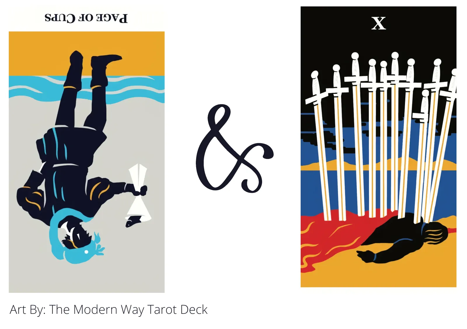 page of cups reversed and ten of swords tarot cards together