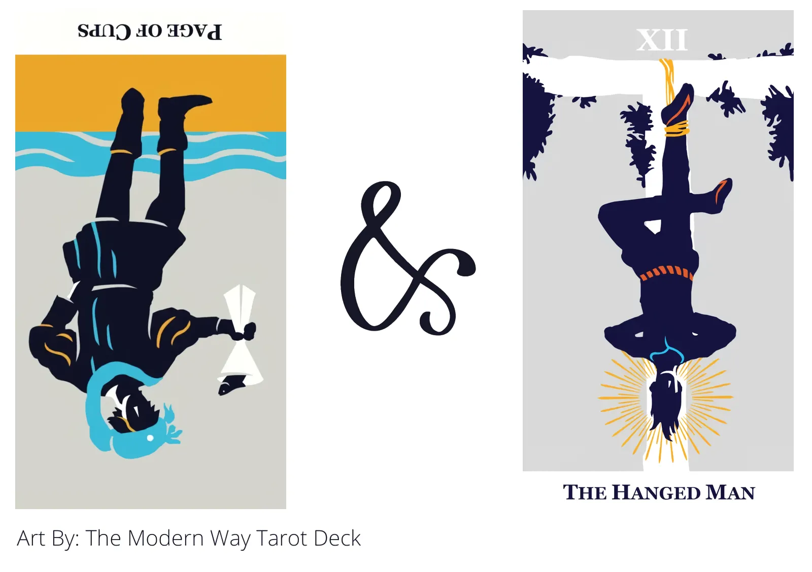 page of cups reversed and the hanged man tarot cards together