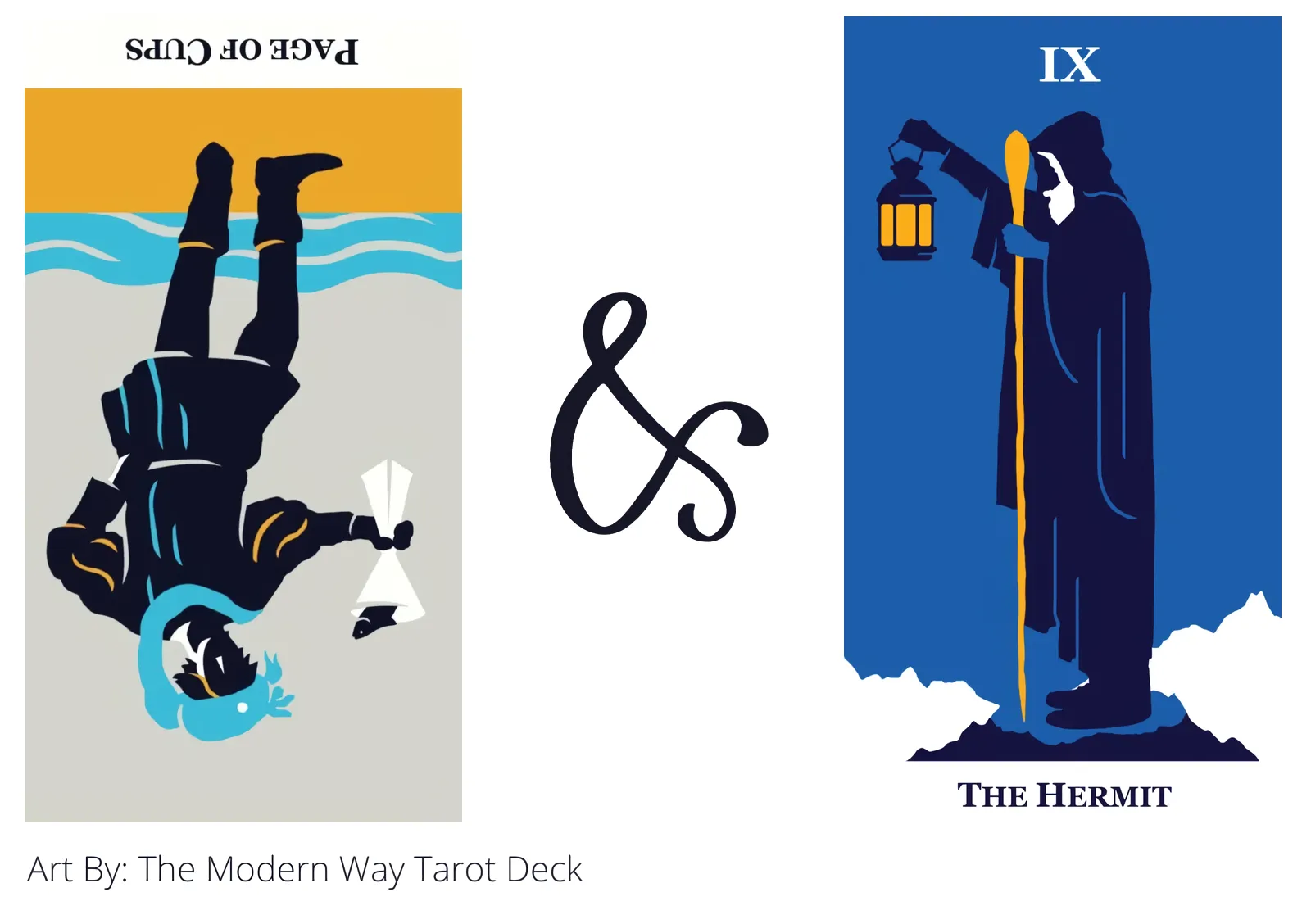 page of cups reversed and the hermit tarot cards together