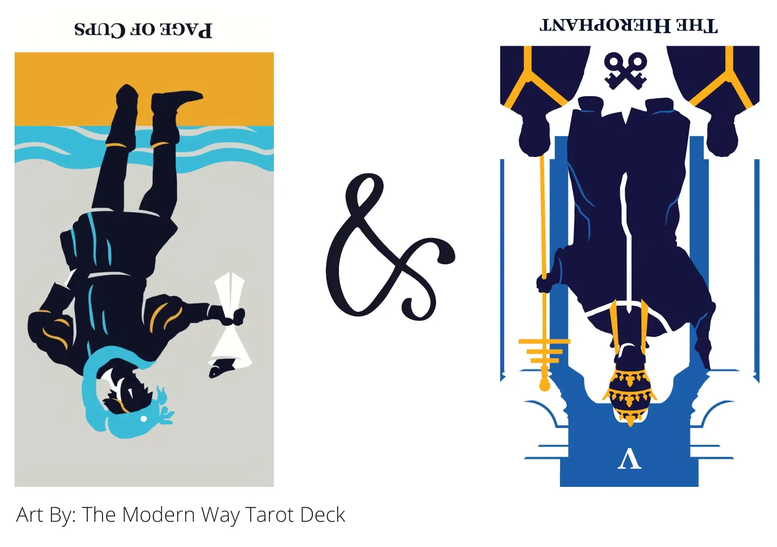 page of cups reversed and the hierophant reversed tarot cards together