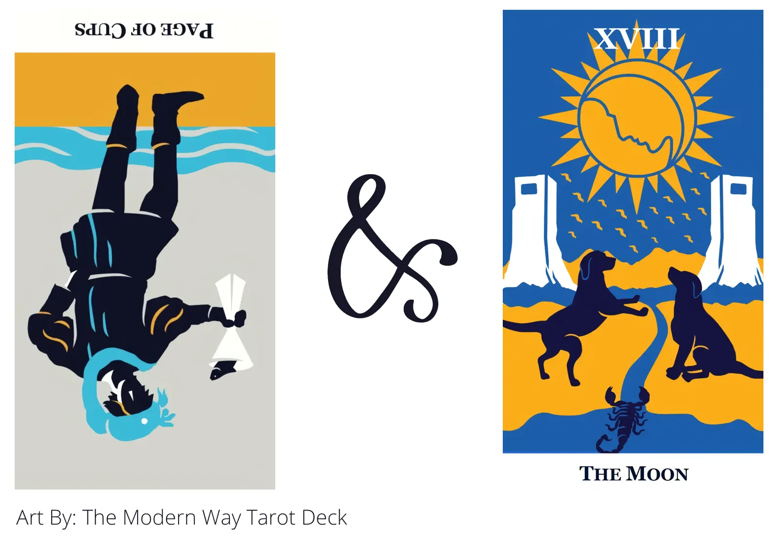 page of cups reversed and the moon tarot cards together