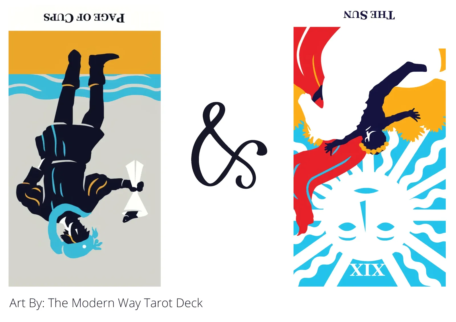 page of cups reversed and the sun reversed tarot cards together